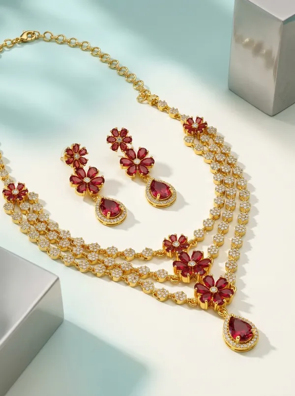Ruby_Red_CZ_Bridal_Necklace_Set_|_Triple-Strand_Gold-Plated_Festive_Jewellery_with_Earrings