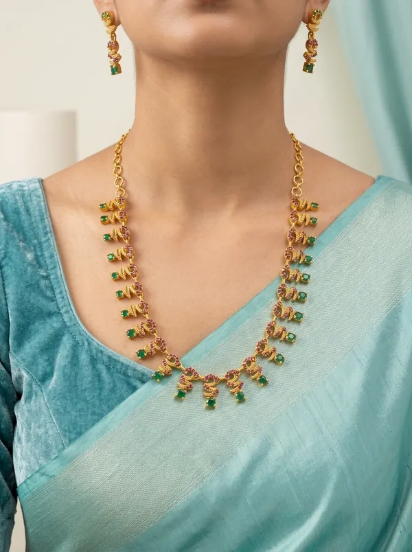 Antique_Ruby_Emerald_CZ_Floral_Leaf_Necklace_Set_|_Gold-Plated_Temple_Jewellery_with_Matching_Earrings