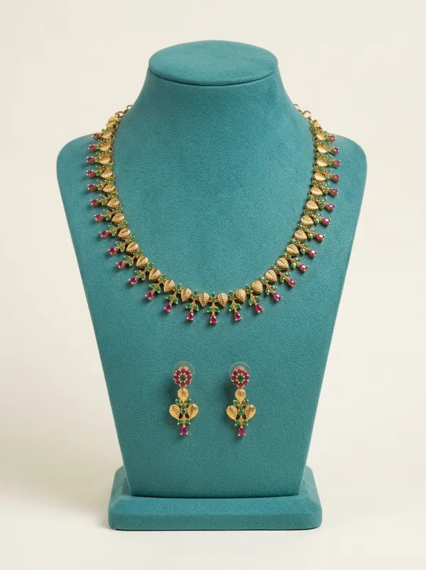 Vosgi_Gold_Plated_Textured_Leaf_Dual_Tone_Stone_Necklace_Set