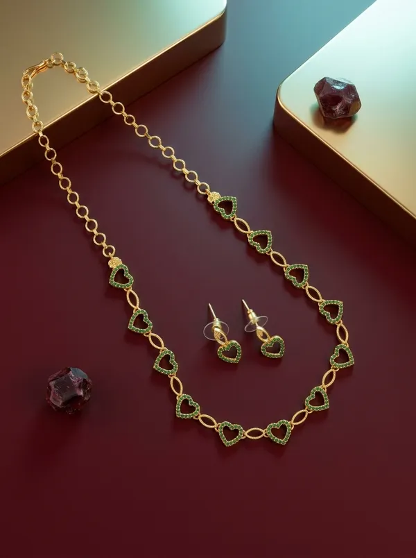 Heart-Link_Emerald_CZ_Chain_Necklace_Set_|_Gold-Plated_Daily-Wear_Jewellery_with_Earrings