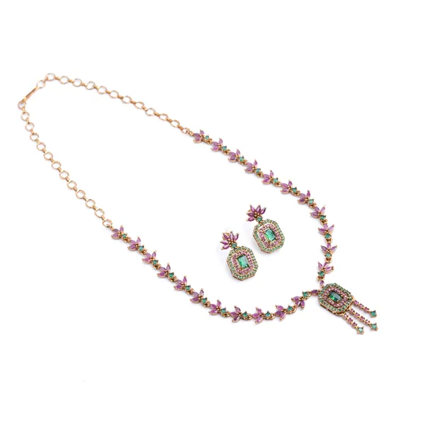 Vosgi_Gold_Plated_Emerald_Green_&_Ruby_Pink_CZ_Octagon_Pendant_Leaf_Necklace_Set