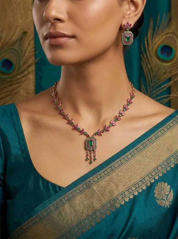 Vosgi_Gold_Plated_Emerald_Green_&_Ruby_Pink_CZ_Octagon_Pendant_Leaf_Necklace_Set
