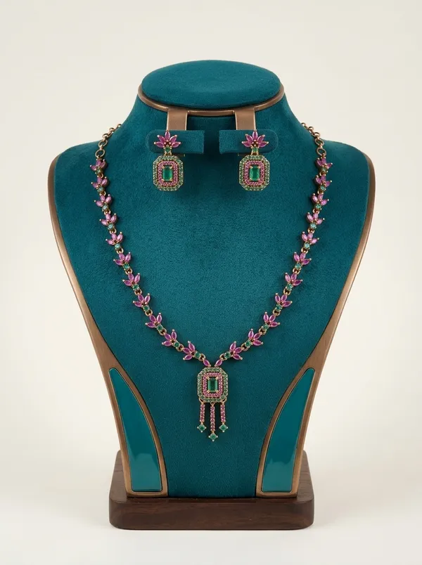 Vosgi_Gold_Plated_Emerald_Green_&_Ruby_Pink_CZ_Octagon_Pendant_Leaf_Necklace_Set