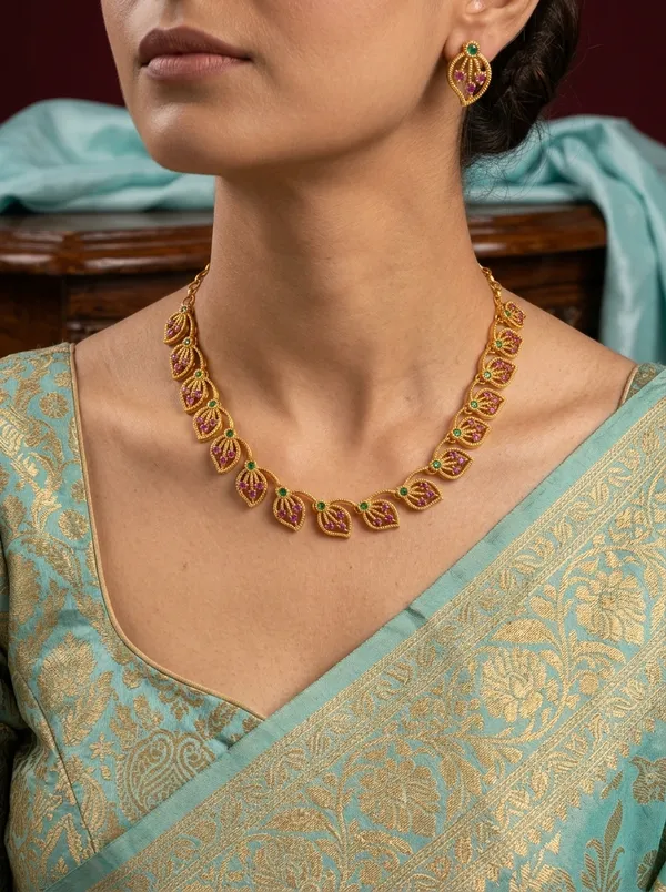 Ruby_Emerald_CZ_Leaf_Teardrop_Necklace_Set_|_Gold-Plated_Bridal_Temple_Jewellery_with_Earrings