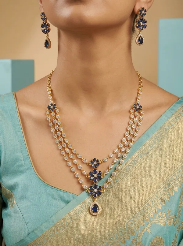 Sapphire_Blue_CZ_Bridal_Necklace_Set_|_Gold-Plated_Triple-Strand_Haar_with_Matching_Earrings