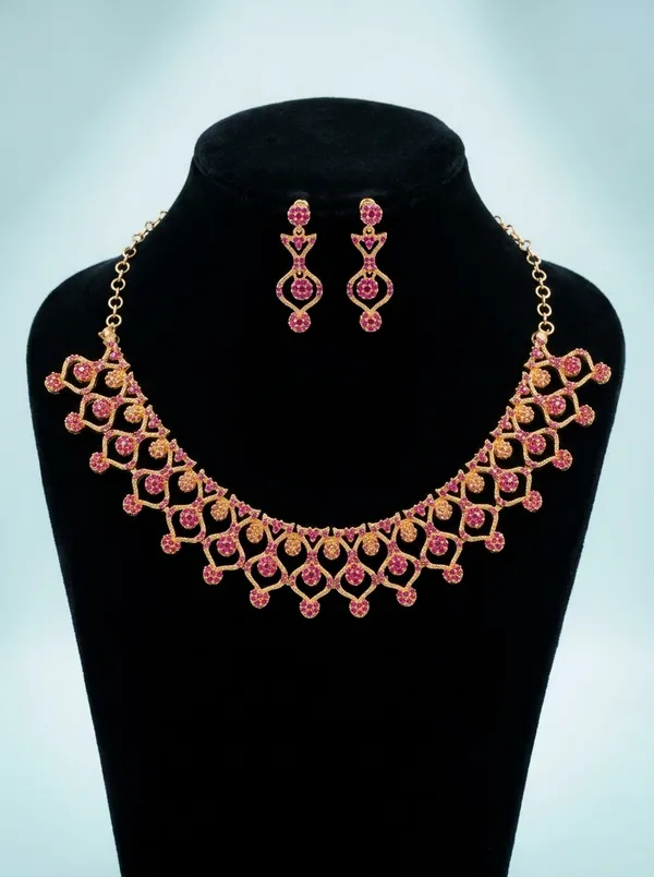 Antique_Ruby_CZ_Choker_Necklace_Set_|_Gold-Plated_Temple-Style_Bridal_Jewellery_with_Earrings