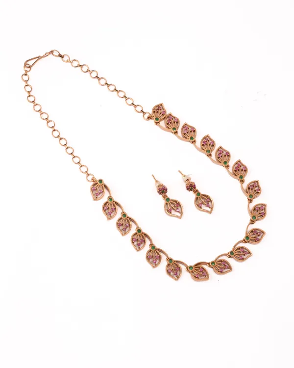 Ruby_Emerald_CZ_Leaf_Teardrop_Necklace_Set_|_Gold-Plated_Bridal_Temple_Jewellery_with_Earrings