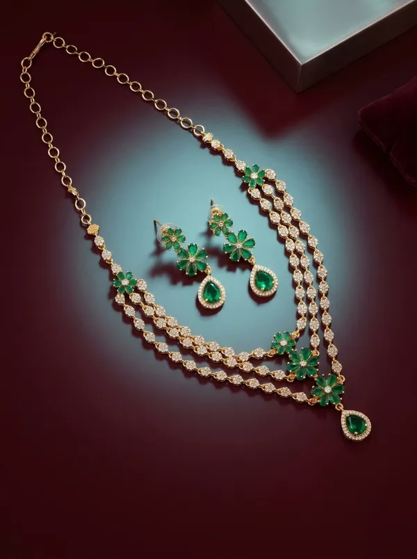 Emerald_Green_CZ_Bridal_Necklace_Set_|_Gold-Plated_Triple-Strand_Festive_Haar_with_Earrings