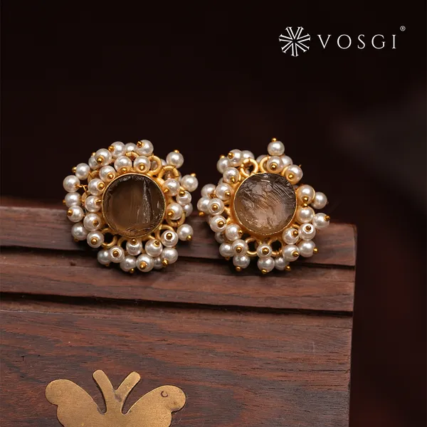 Vosgi_Smoky_Quartz_Stone_Pearl_Cluster_Gold_Plated_Stud_Earrings