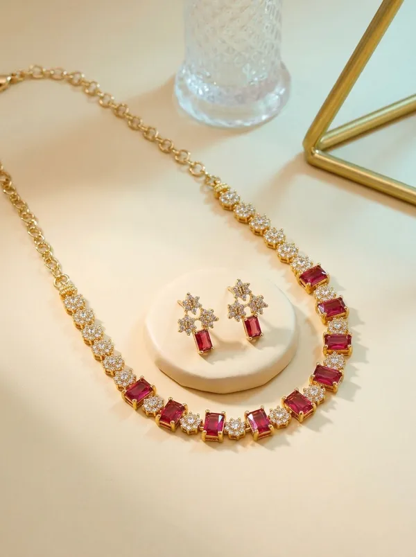 Ruby_Pink_Crystal_Floral_Link_Necklace_Set_|_High-Quality_Long-Lasting_Jewellery