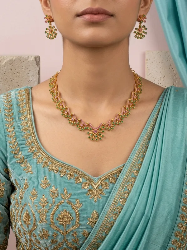 Ruby_Emerald_CZ_Floral_Vine_Necklace_Set_|_Gold-Plated_Bridal_Jewellery_with_Earrings