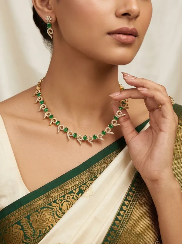 Vosgi_Gold_Plated_Curved_Swirl_Emerald_Green_&_White_CZ_Necklace_Set
