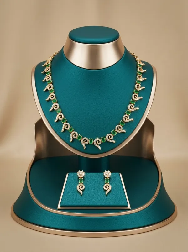 Vosgi_Gold_Plated_Curved_Swirl_Emerald_Green_&_White_CZ_Necklace_Set