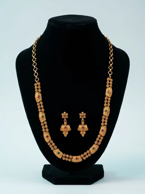 Antique_Ruby_Emerald_CZ_Arch_Necklace_Set_|_Gold-Plated_Temple_Jewellery_with_Matching_Earrings