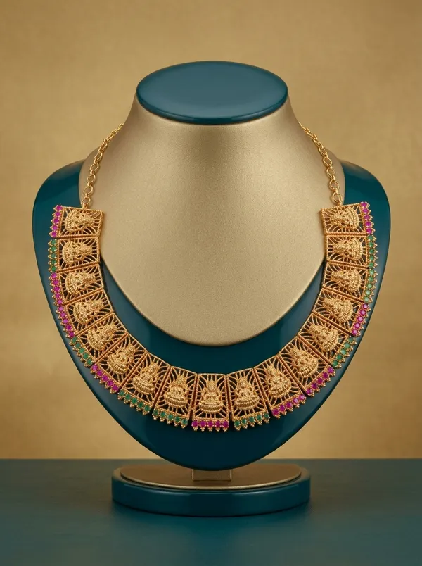 Vosgi_Red_Green_Kemp_Antique_Lakshmi_Temple_Gold_Necklace