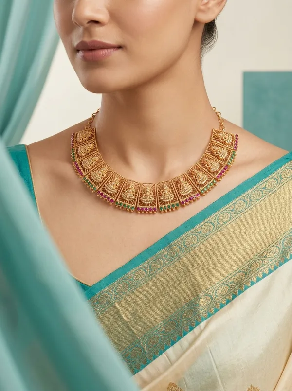 Vosgi_Red_Green_Kemp_Antique_Lakshmi_Temple_Gold_Necklace