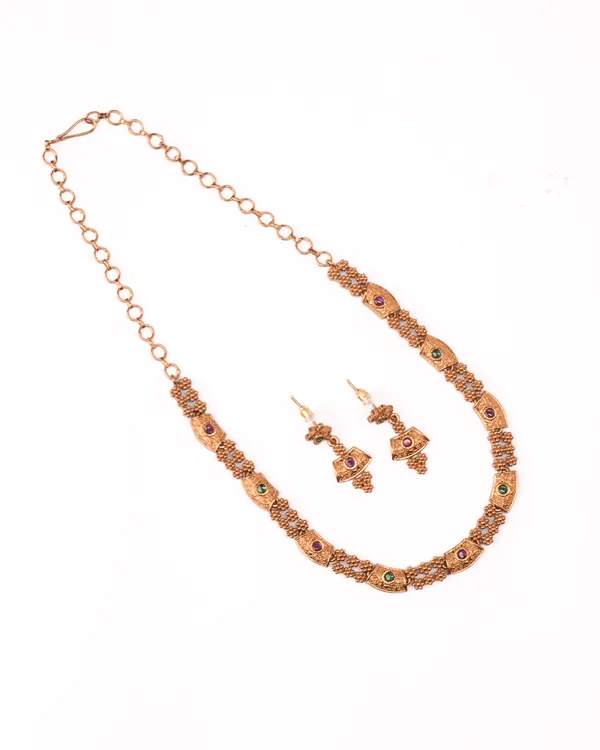 Antique_Ruby_Emerald_CZ_Arch_Necklace_Set_|_Gold-Plated_Temple_Jewellery_with_Matching_Earrings