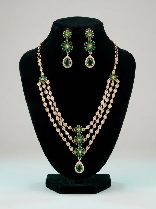 Emerald_Green_CZ_Bridal_Necklace_Set_|_Gold-Plated_Triple-Strand_Festive_Haar_with_Earrings
