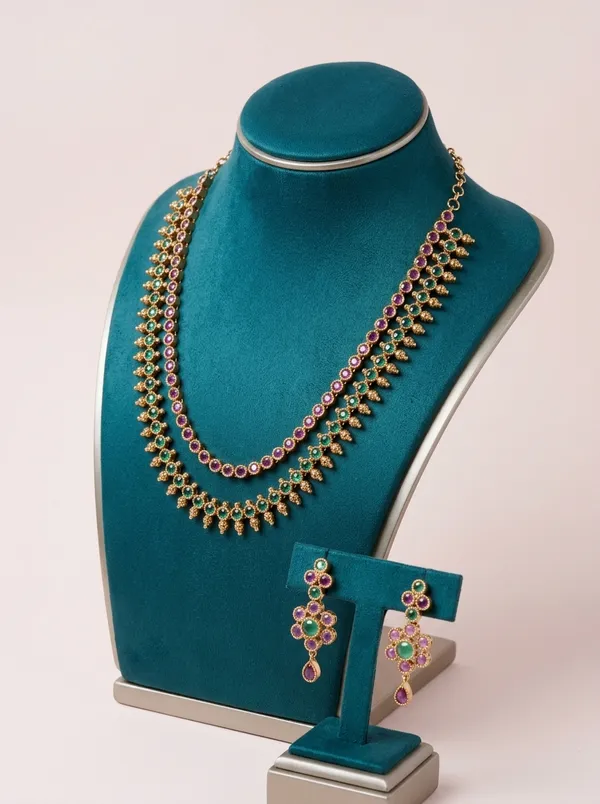 Vosgi_Gold_Plated_Double-Layered_Emerald_Green_&_Ruby_Pink_CZ_Beaded_Line_Necklace_Set