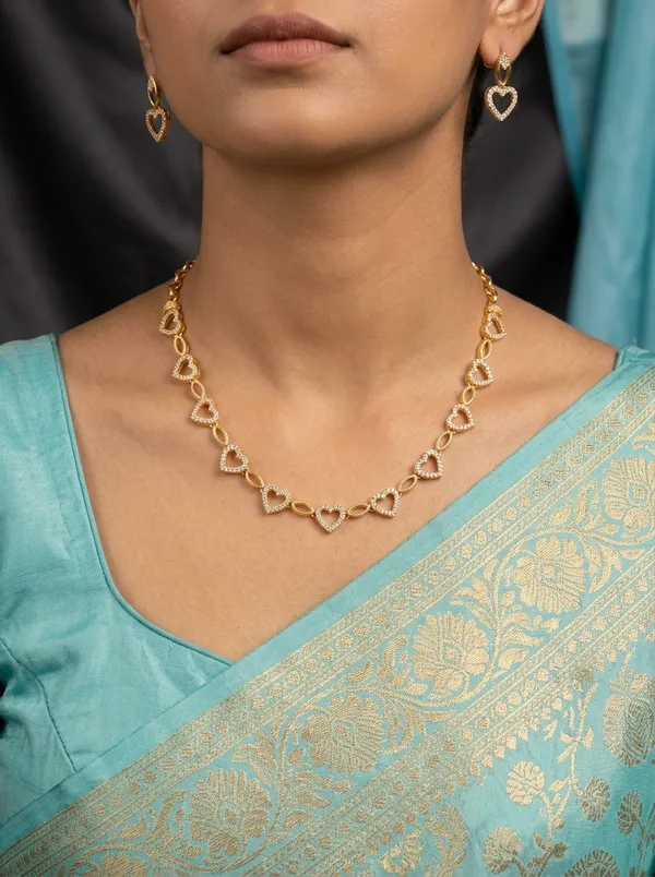 Heart-Link_Crystal_CZ_Chain_Necklace_Set_|_Gold-Plated_Minimalist_Jewellery_with_Earrings