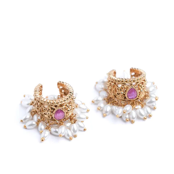 Vosgi_Gold_Plated_Antique_Filigree_&_Ruby_Pink_Tear_Drop_Pearl_Fringe_Ring_Set