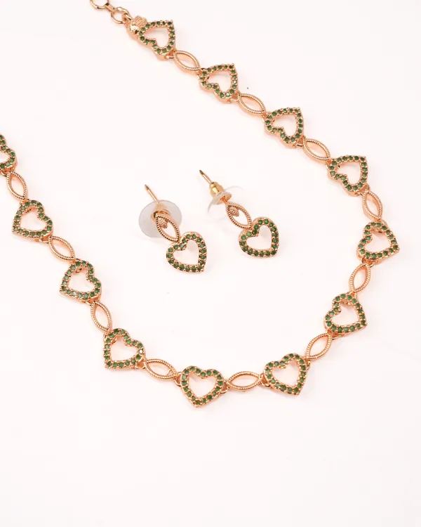Heart-Link_Emerald_CZ_Chain_Necklace_Set_|_Gold-Plated_Daily-Wear_Jewellery_with_Earrings