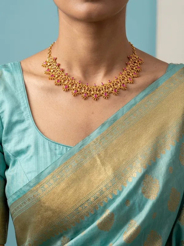Ruby_&_green_CZ_Floral_Cluster_Bridal_Necklace_|_Gold-Plated_Traditional_Indian_Jewellery