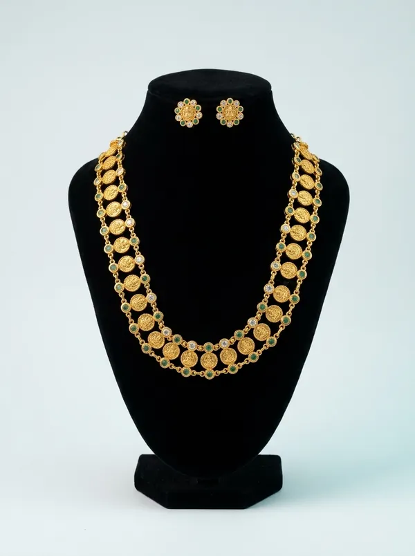 Floral_White_&_Emerald_CZ_Bridal_Necklace_Set_|_Gold-Plated_Ethnic_Jewellery_with_Earrings
