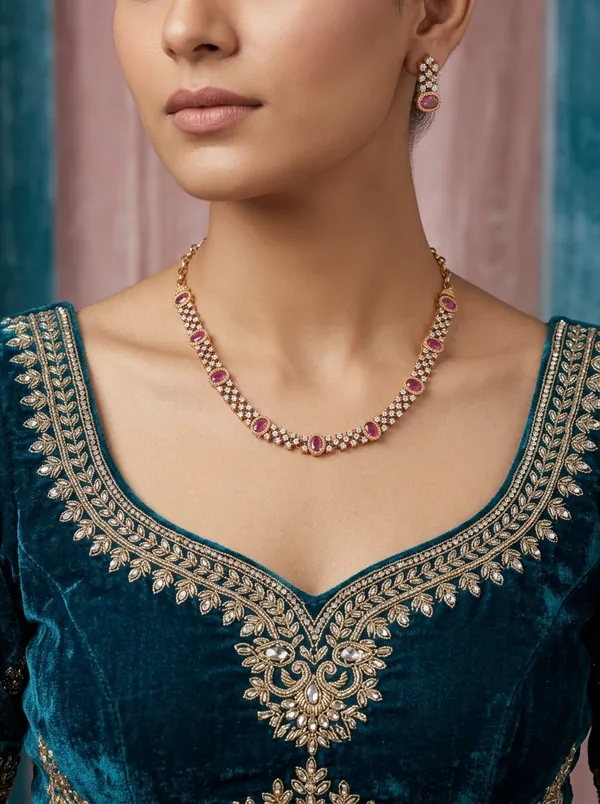 Vosgi_Gold_Plated_Ruby_Pink_Oval_Stone_&_Pavé_Lattice_CZ_Necklace_Set