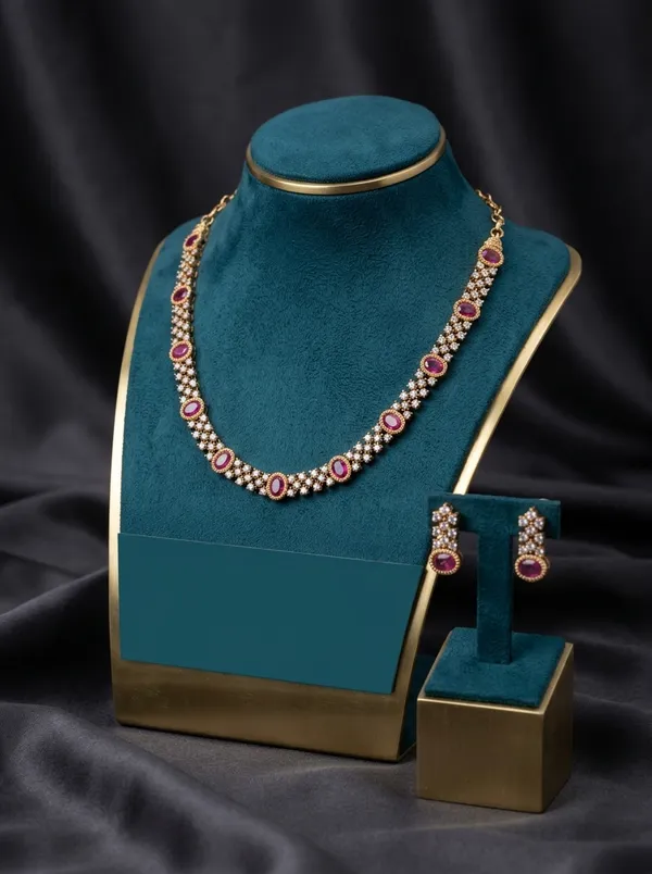 Vosgi_Gold_Plated_Ruby_Pink_Oval_Stone_&_Pavé_Lattice_CZ_Necklace_Set