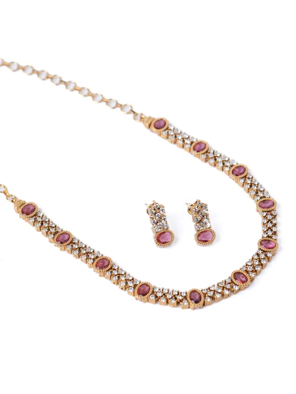 Vosgi_Gold_Plated_Ruby_Pink_Oval_Stone_&_Pavé_Lattice_CZ_Necklace_Set