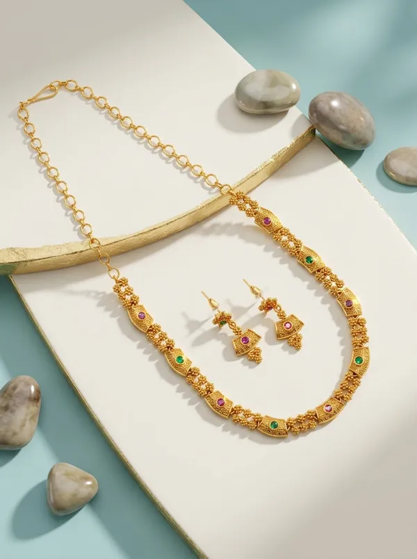 Antique_Ruby_Emerald_CZ_Arch_Necklace_Set_|_Gold-Plated_Temple_Jewellery_with_Matching_Earrings