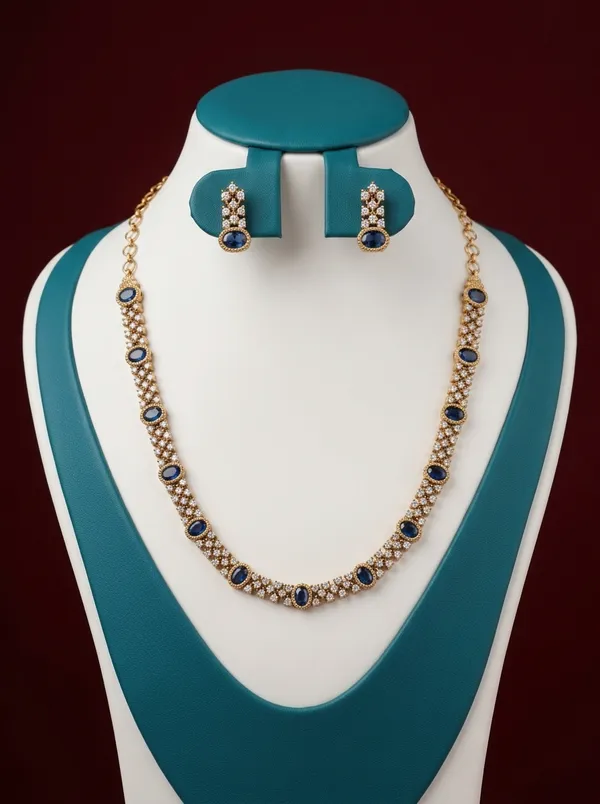Vosgi_Gold_Plated_Sapphire_Blue_Oval_Stone_&_Pavé_Lattice_CZ_Necklace_Set