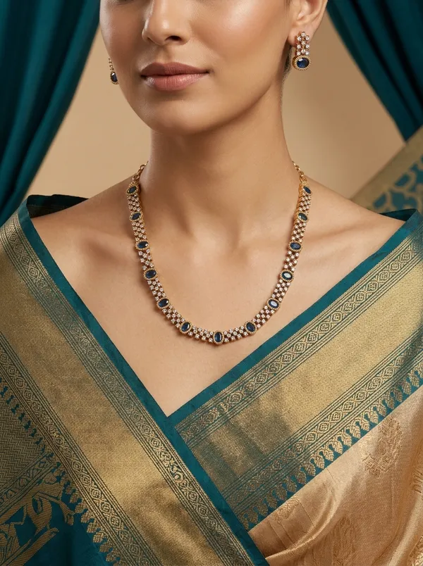 Vosgi_Gold_Plated_Sapphire_Blue_Oval_Stone_&_Pavé_Lattice_CZ_Necklace_Set