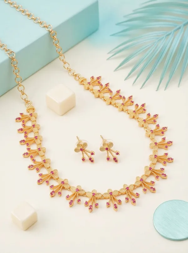 Ruby_Pink_Floral_Cascade_Necklace_Set_|_High-Quality_Long-Lasting_Jewellery