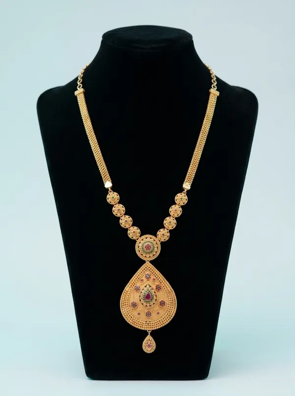 Royal_Teardrop_CZ_Temple_Necklace_|_Antique_Gold-Plated_Long_Haar_with_Floral_Coin_Detailing