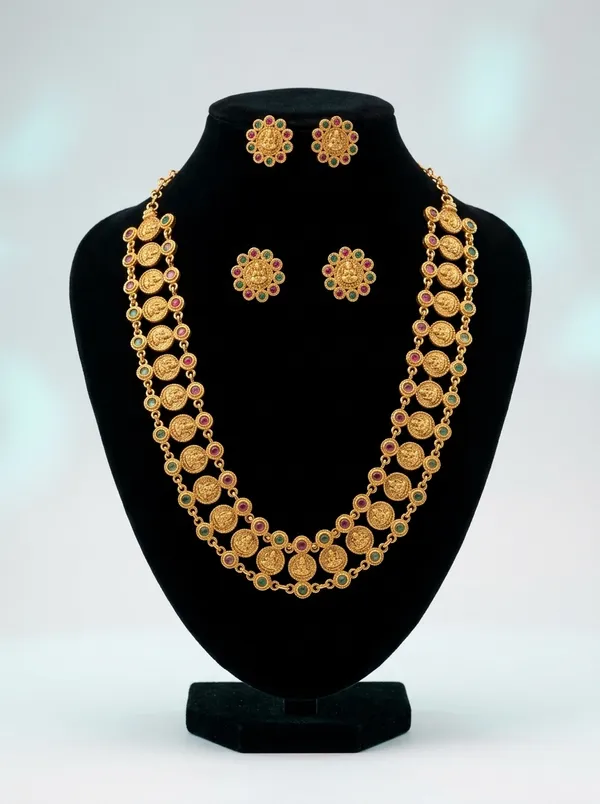 Floral_Ruby_Emerald_CZ_Bridal_Necklace_Set_|_Gold-Plated_Ethnic_Jewellery_with_Earrings