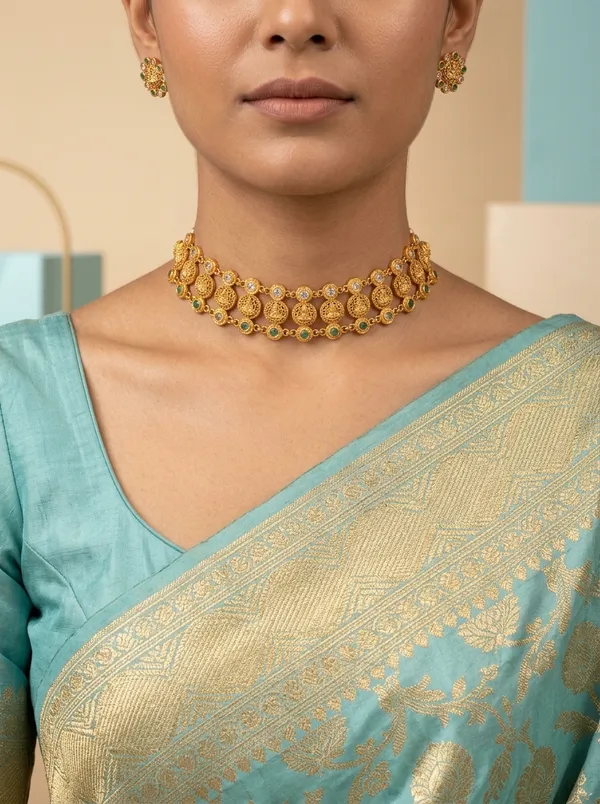 Floral_White_&_Emerald_CZ_Bridal_Necklace_Set_|_Gold-Plated_Ethnic_Jewellery_with_Earrings