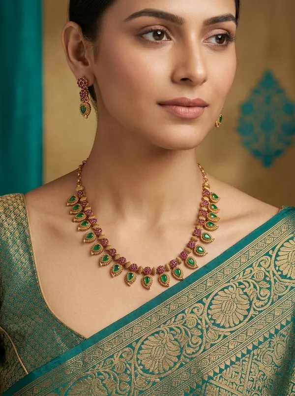 Vosgi_Gold_Plated_Emerald_Green_Mango_Paisley_&_Ruby_Accent_Necklace_Set