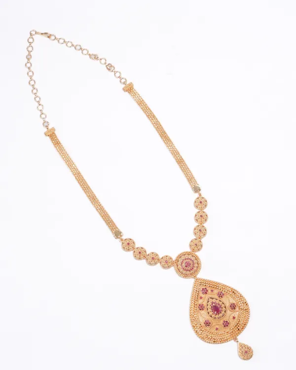 Antique_Gold_Temple_Jewellery_Long_Chain_Necklace_with_Ruby_&_Emerald_CZ_Teardrop_Pendant