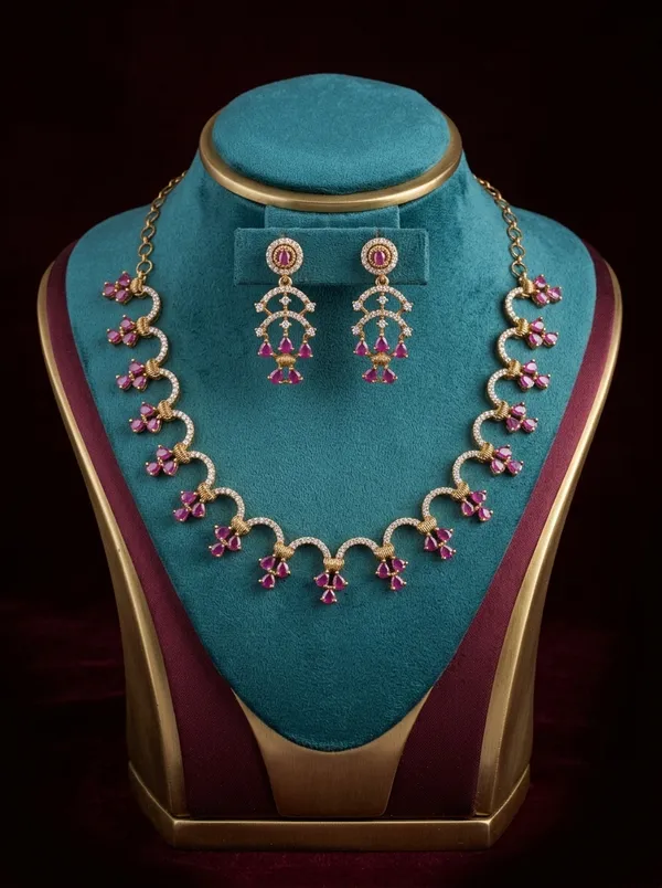 Vosgi_Gold_Plated_Scalloped_Clear_CZ_&_Ruby_Pink_Cluster_Necklace_Set