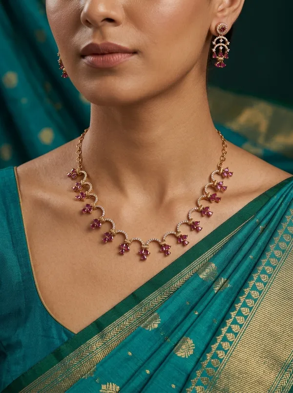Vosgi_Gold_Plated_Scalloped_Clear_CZ_&_Ruby_Pink_Cluster_Necklace_Set