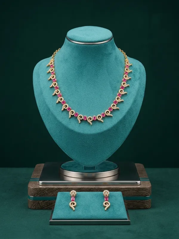 Vosgi_Gold_Plated_Curved_Swirl_Ruby_Pink_&_White_CZ_Necklace_Set