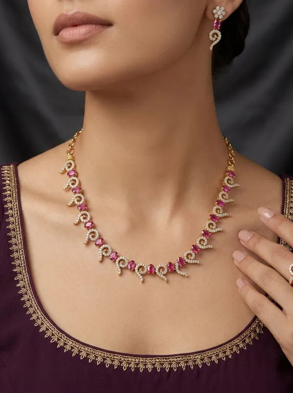 Vosgi_Gold_Plated_Curved_Swirl_Ruby_Pink_&_White_CZ_Necklace_Set