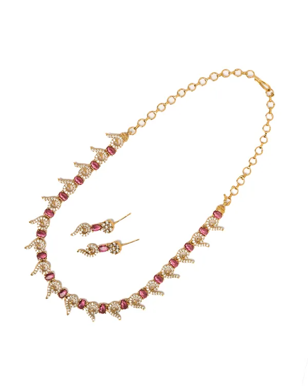 Vosgi_Gold_Plated_Curved_Swirl_Ruby_Pink_&_White_CZ_Necklace_Set