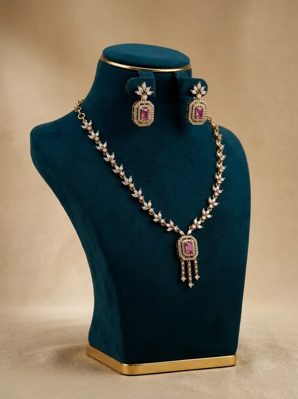 Vosgi_Gold_Plated_Red_Stone_Octagon_Pendant_&_Marquise_CZ_Leaf_Necklace_Set