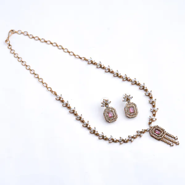 Vosgi_Gold_Plated_Red_Stone_Octagon_Pendant_&_Marquise_CZ_Leaf_Necklace_Set
