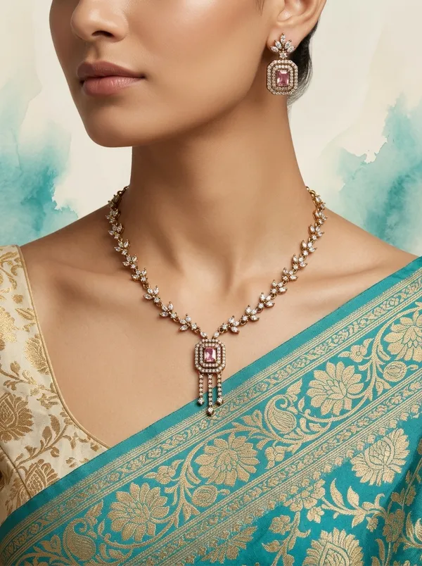 Vosgi_Gold_Plated_Red_Stone_Octagon_Pendant_&_Marquise_CZ_Leaf_Necklace_Set