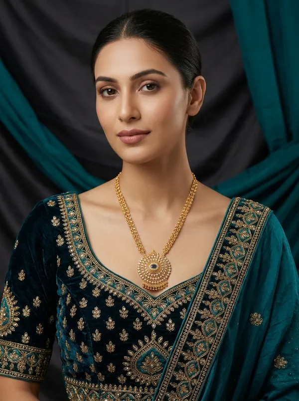 Vosgi_Gold-Plated_Circular_Statement_Necklace_with_Blue_Stone_Centre