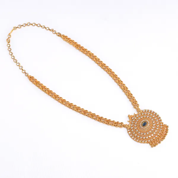 Vosgi_Gold-Plated_Circular_Statement_Necklace_with_Blue_Stone_Centre
